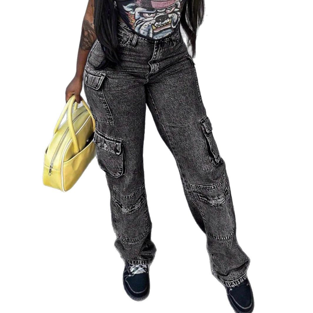 Women's Cargo Denim Pants with High Waist, Loose Baggy Cut and Functional Flap Pockets Fashion Glam