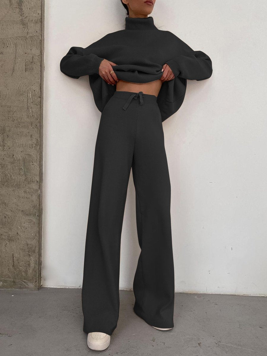 Women Wide Knit Pants with High Waist, Drawstring, and Wide Leg Fashion Glam
