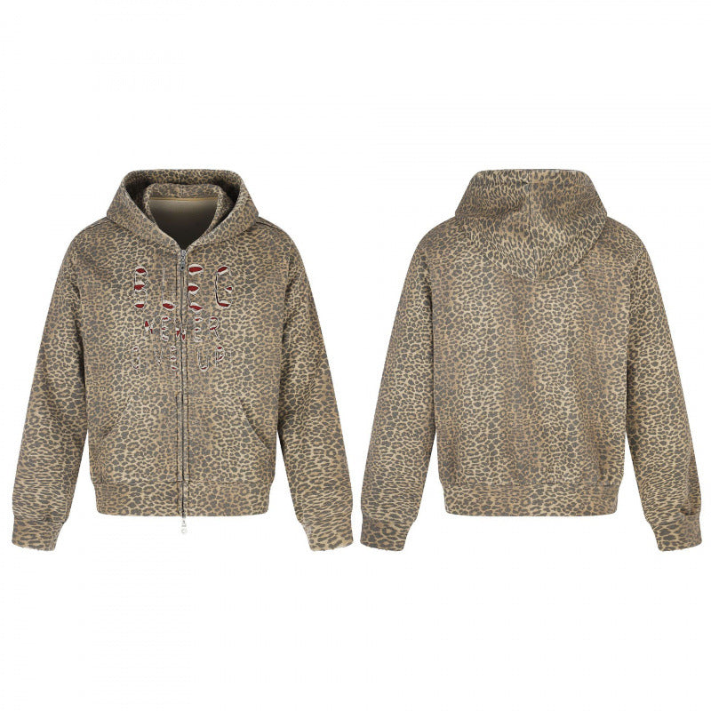 Unisex hooded jacket in all-over leopard with vintage effect, zipper and destroy embroidery Fashion Glam