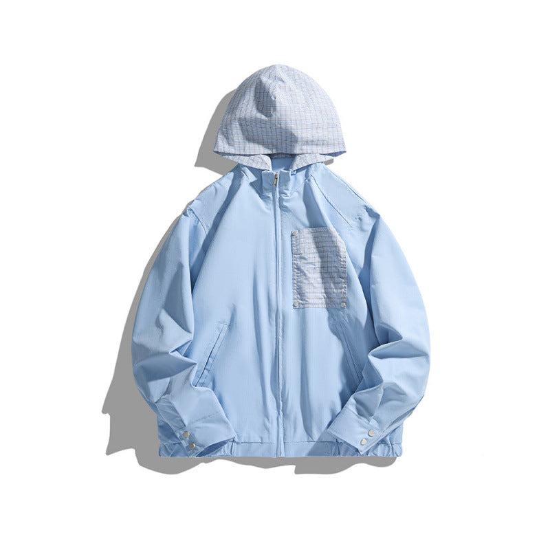 Unisex Lightweight Hooded Transition Jacket with Checkered Pattern Lining and Chest Pocket Fashion Glam
