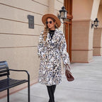 Ladies Midi Faux Fur Coat with Leopard Print, Tailored Tie Belt and Shawl Collar Fashion Glam