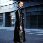 Women Longer Leather Look Trench Coat with Tailoring Tie Belt and Epaulettes Fashion Glam