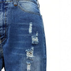 Women's High-Waisted Destroyed Denim Midi Skirt with Center Front Slit and Frayed Hem Fashion Glam