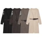 Women's Long Knit Coat-Cardigan with Waist Belt and Sequin Sleeves Fashion Glam