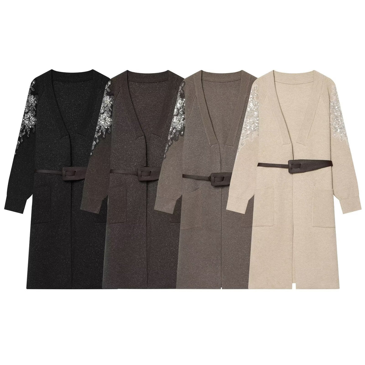 Women's Long Knit Coat-Cardigan with Waist Belt and Sequin Sleeves Fashion Glam