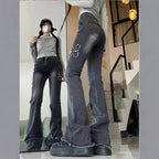 Ladies High-Waisted Flared Jeans with Butterfly Embroidery, Raw Hem and Sculpting Stretch Waistband Fashion Glam