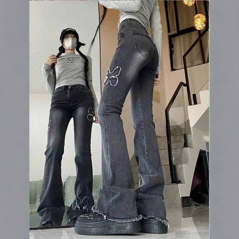 Ladies High-Waisted Flared Jeans with Butterfly Embroidery, Raw Hem and Sculpting Stretch Waistband Fashion Glam