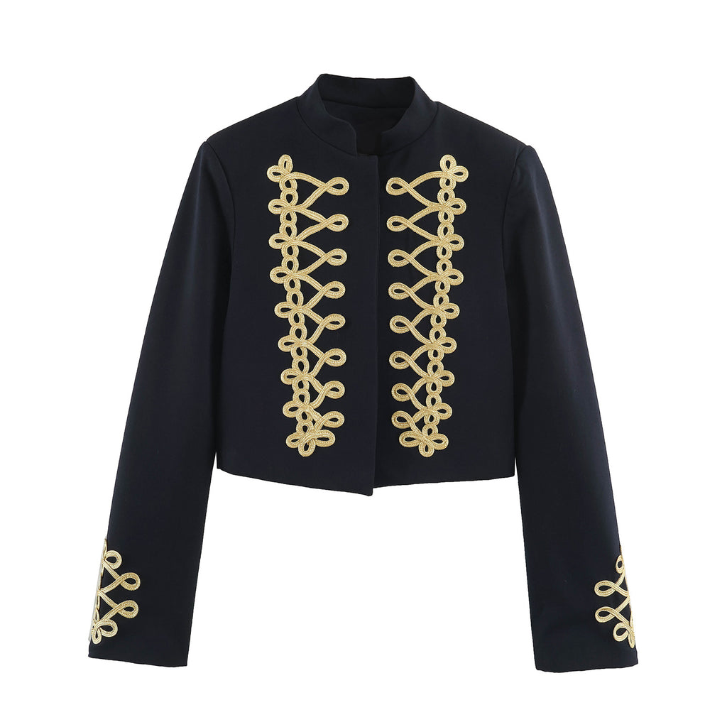 Women's Cropped Bolero Jacket with High Stand-Up Collar and Decorative Galloon Trim Fashion Glam