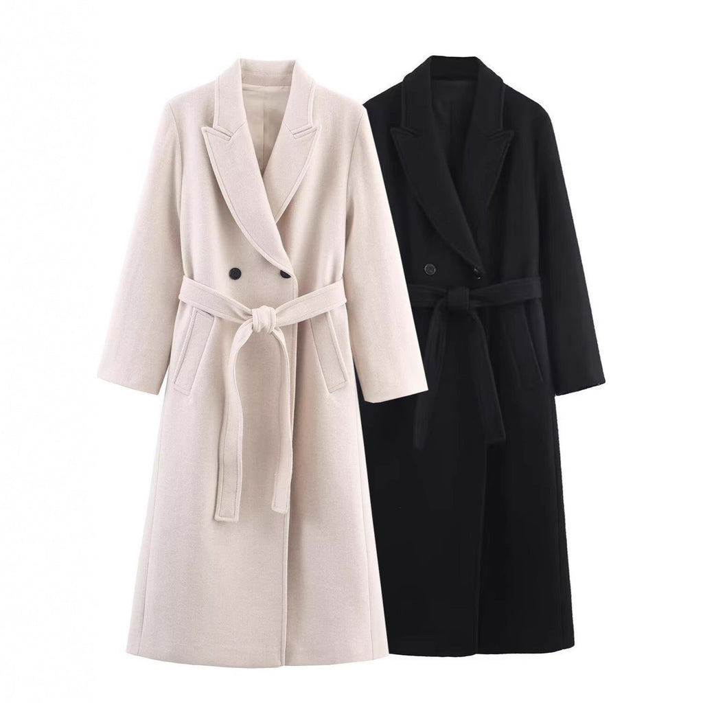 Women Long Tailored Wool Blend Coat with Tie Belt and Lapel Collar Fashion Glam