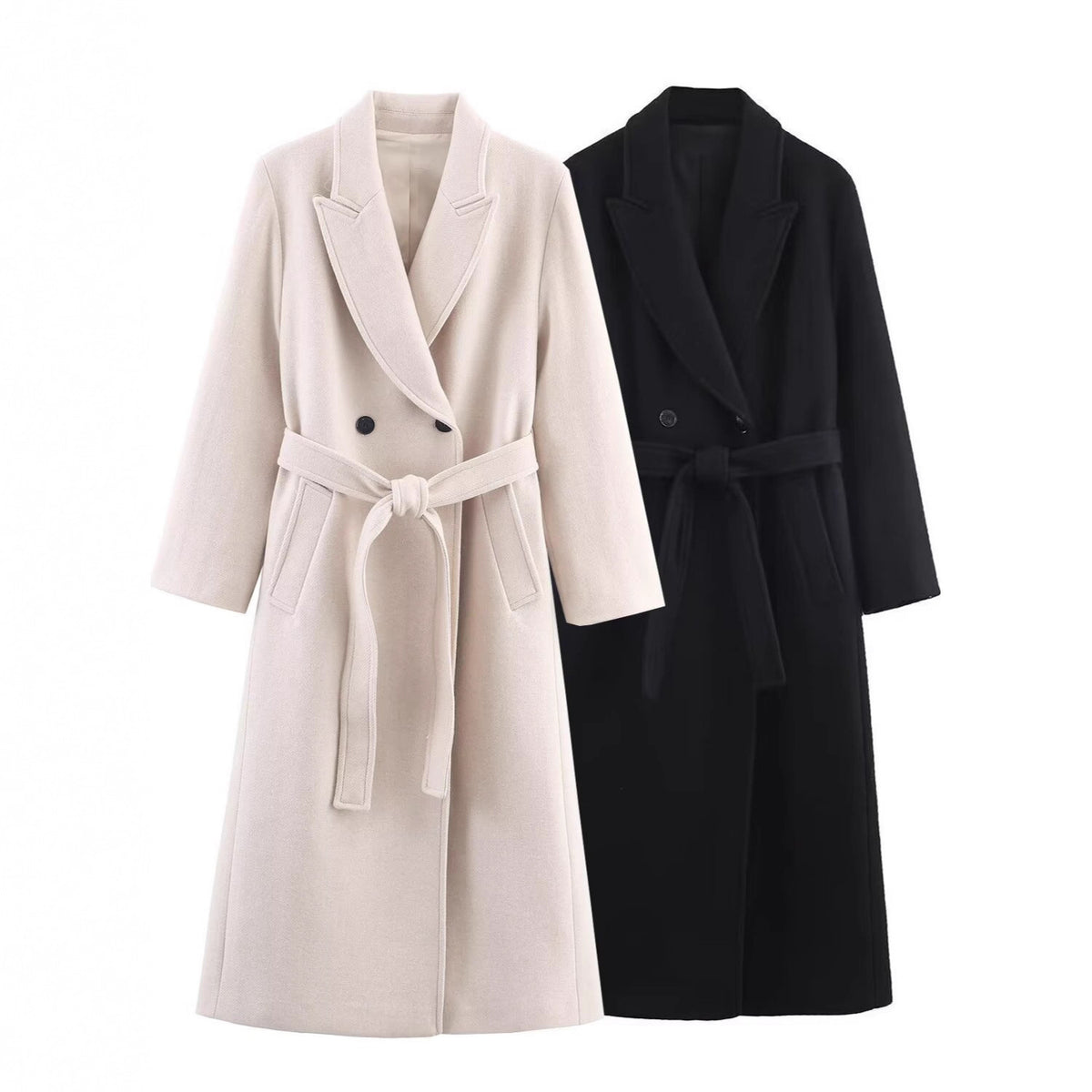 Women Long Tailored Wool Blend Coat with Tie Belt and Lapel Collar Fashion Glam