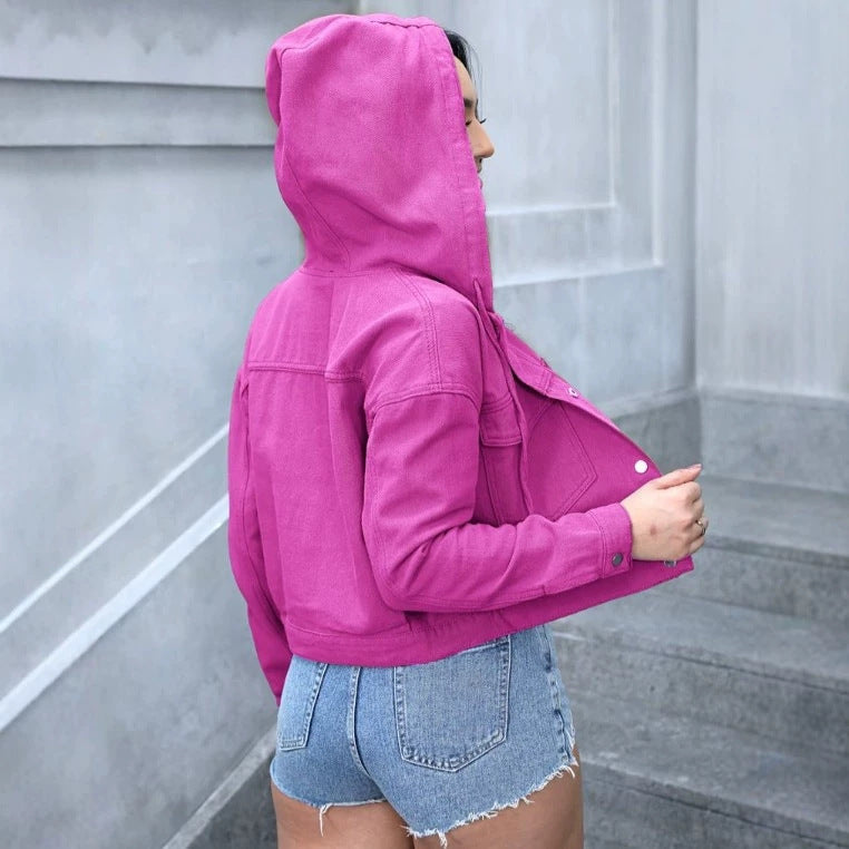 Women's Cropped Denim Jacket with Hood, Snap Button Front and Tailored Fit Fashion Glam