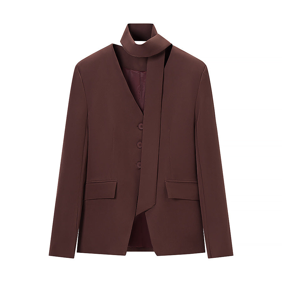 Women's Tailored V-Neck Blazer with Integrated Bow and Flap Pockets Fashion Glam