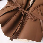 Women's Short Faux Leather Jacket with Teddy Lining, Shawl Collar and Waist Belt Fashion Glam