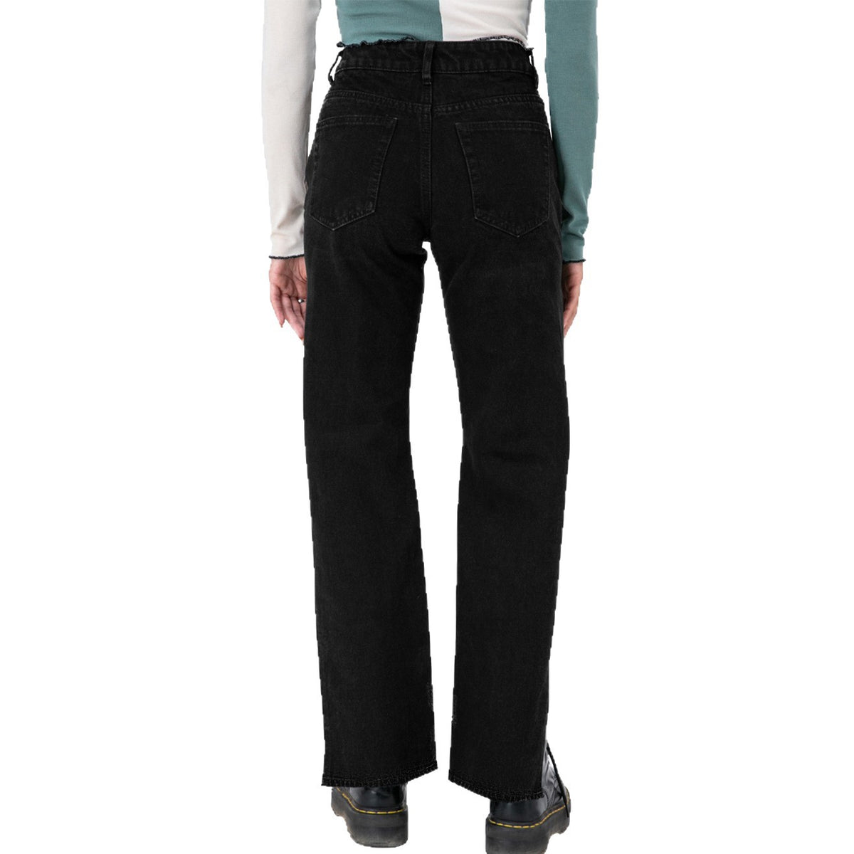 Ladies high-cut straight jeans with side leg slit and subtle rips Fashion Glam