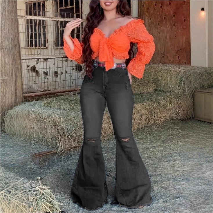 Women's High-Waisted Flared Jeans with Flared Leg, Knee Rips, and Figure-Enhancing Stretch Waistband Fashion Glam
