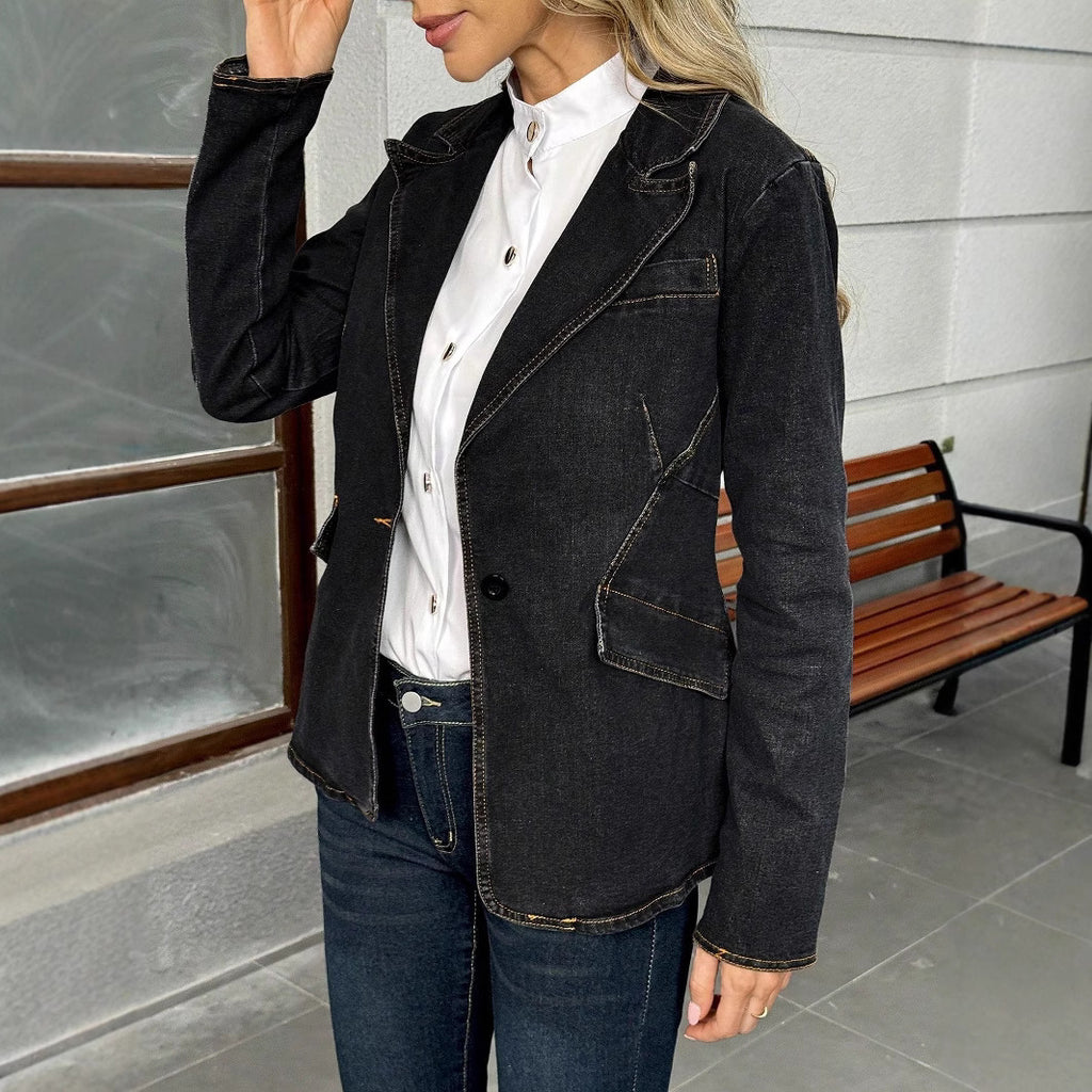 Women's tailored denim blazer with decorative seams and patch pockets Fashion Glam