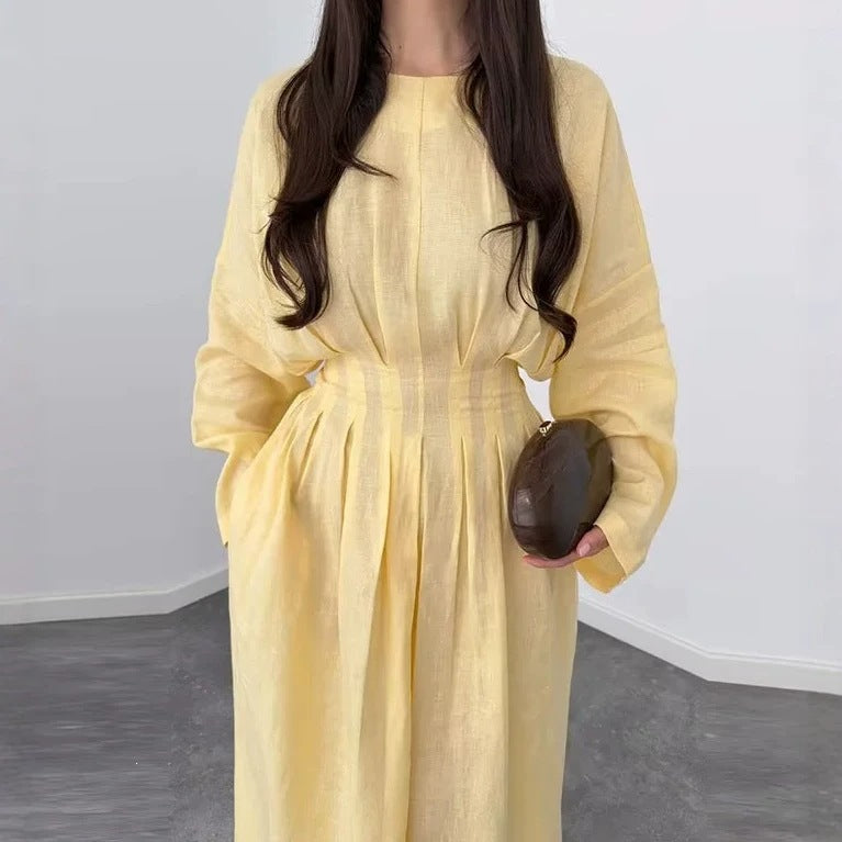 Ladies max dress with pleated bodice pleats, wide skirt and long bell sleeves Fashion Glam