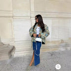 Women's Quilted Short Jacket in Kimono Style with Shawl Collar, Decorative Piping and Allover Print Fashion Glam
