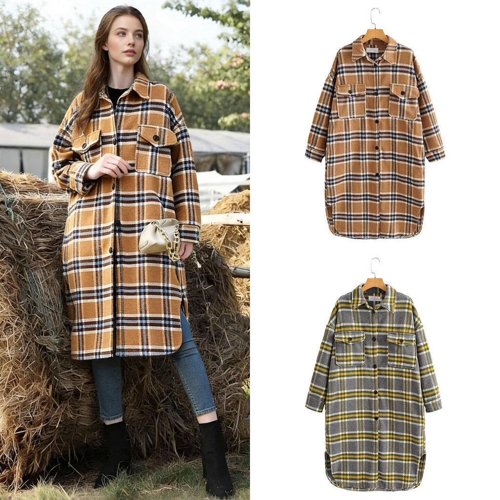 Women's Oversize Check Shirt Jacket in Longline Cut with Patch Chest Pockets Fashion Glam
