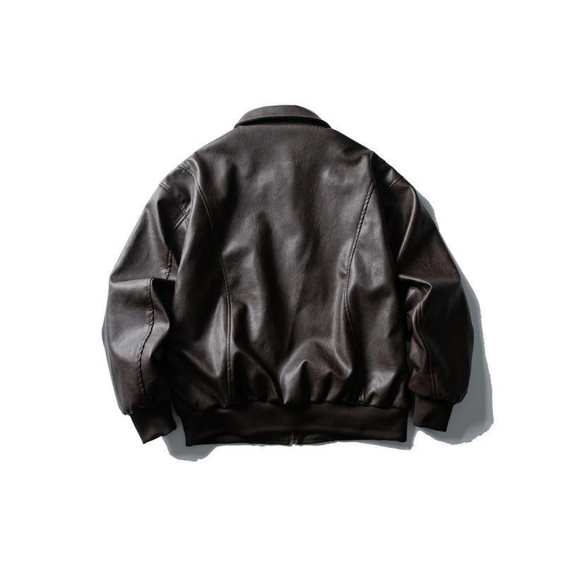 Men's leather bomber jacket in boxy cut with full-length zipper and ribbed hem Fashion Glam