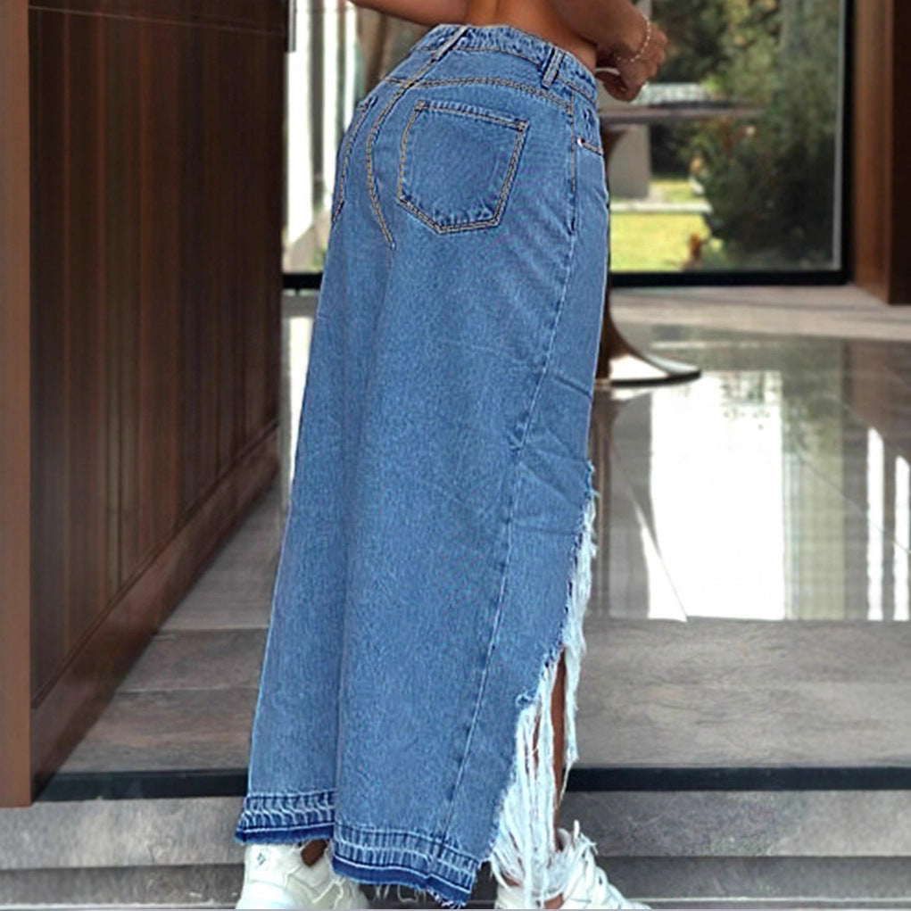 Women's High-Cut Denim Midi Skirt with Deep Front Slit, Destroyed Detail and Raw Fringe Hem Fashion Glam