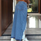 Women's High-Cut Denim Midi Skirt with Deep Front Slit, Destroyed Detail and Raw Fringe Hem Fashion Glam