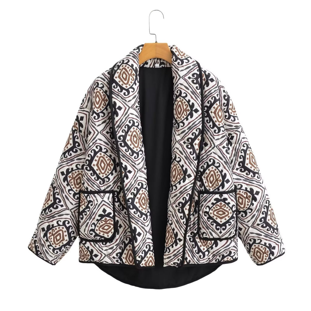 Women's Quilted Kimono Jacket with Ethno Print, Shawl Collar, and Patch Pockets Fashion Glam