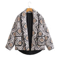 Women's Quilted Kimono Jacket with Ethno Print, Shawl Collar, and Patch Pockets Fashion Glam