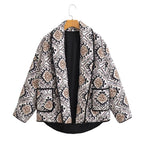 Women's Quilted Kimono Jacket with Ethno Print, Shawl Collar, and Patch Pockets Fashion Glam