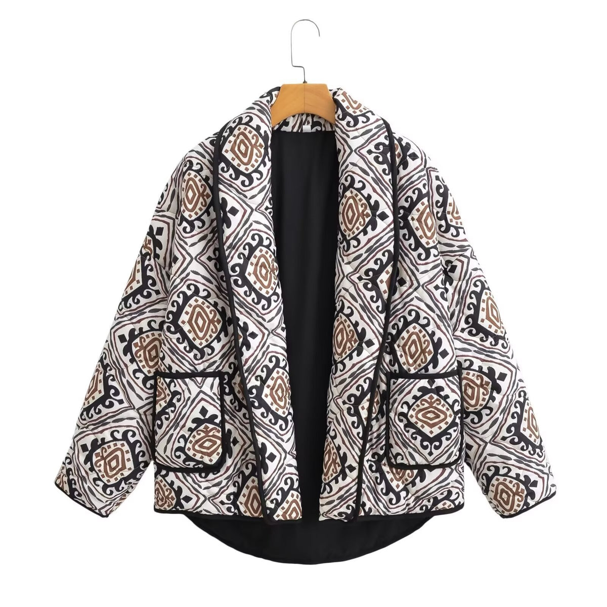 Women's Quilted Kimono Jacket with Ethno Print, Shawl Collar, and Patch Pockets Fashion Glam