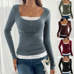 Women’s ribbed top with deep scoop neckline, decorative button placket and lace insert Fashion Glam