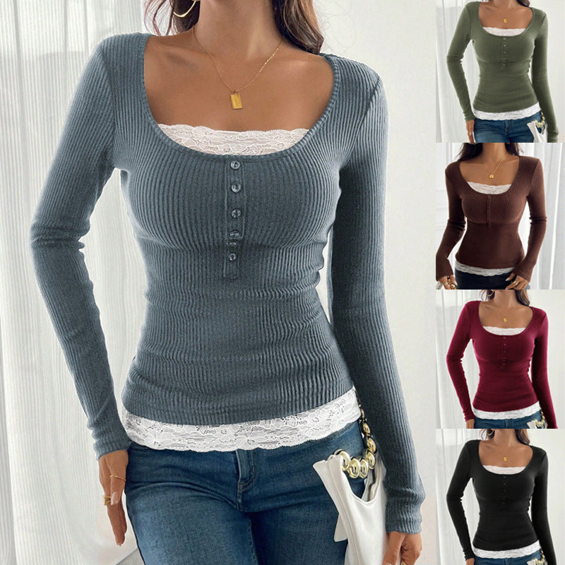Women’s ribbed top with deep scoop neckline, decorative button placket and lace insert Fashion Glam