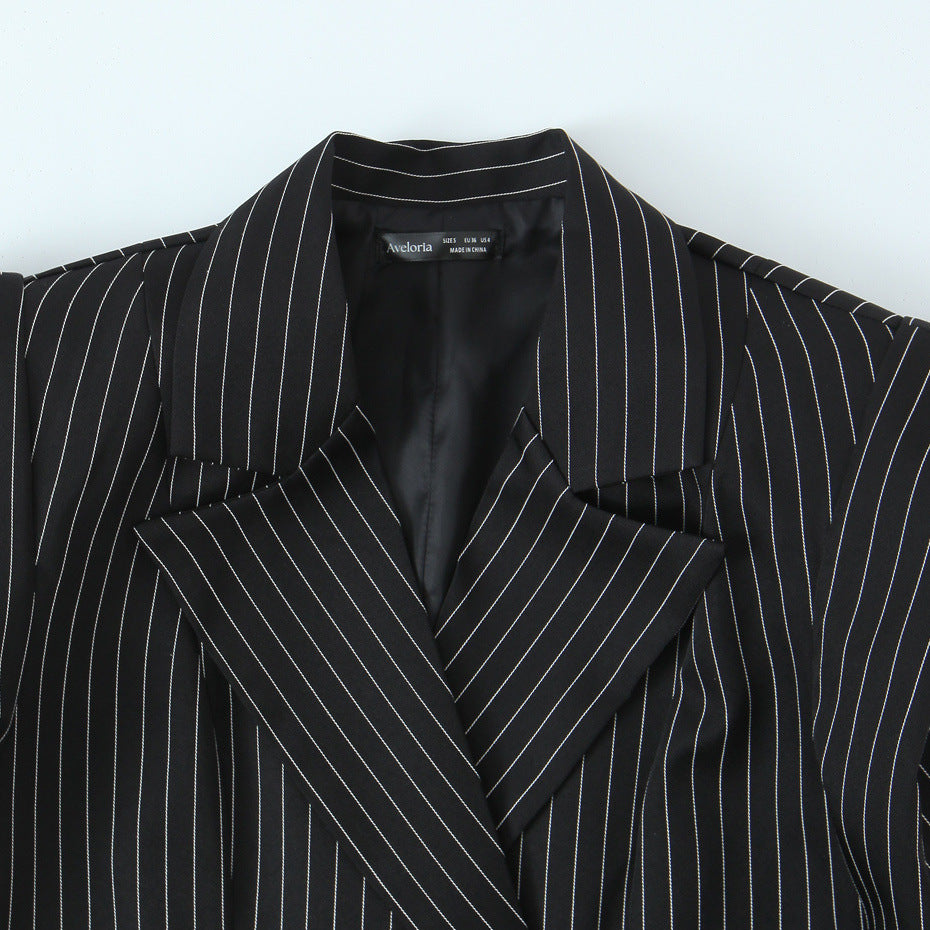 Women Double-breasted Oversized Blazer with Pinstripes and Distinctive Shoulder Pads Fashion Glam