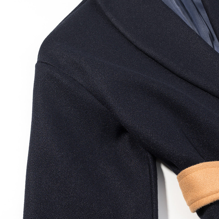 Women's Tailored Wrap Coat with Shawl Collar, Contrasting Patch Pockets and Faux Fur Cuffs Fashion Glam