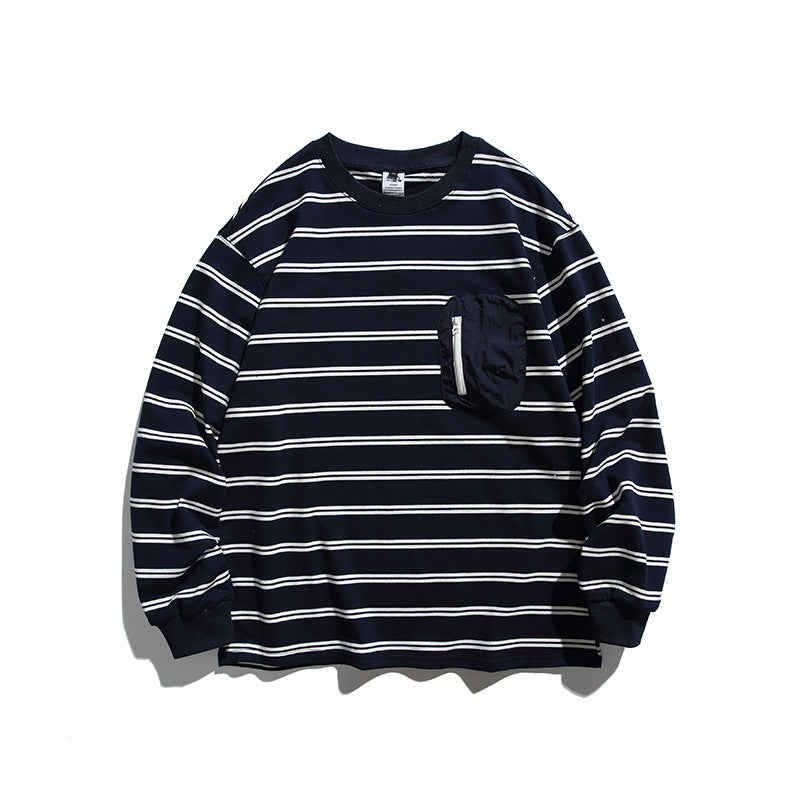 Unisex Oversize Long Sleeve with maritime stripe pattern and functional zippered chest pocket Fashion Glam