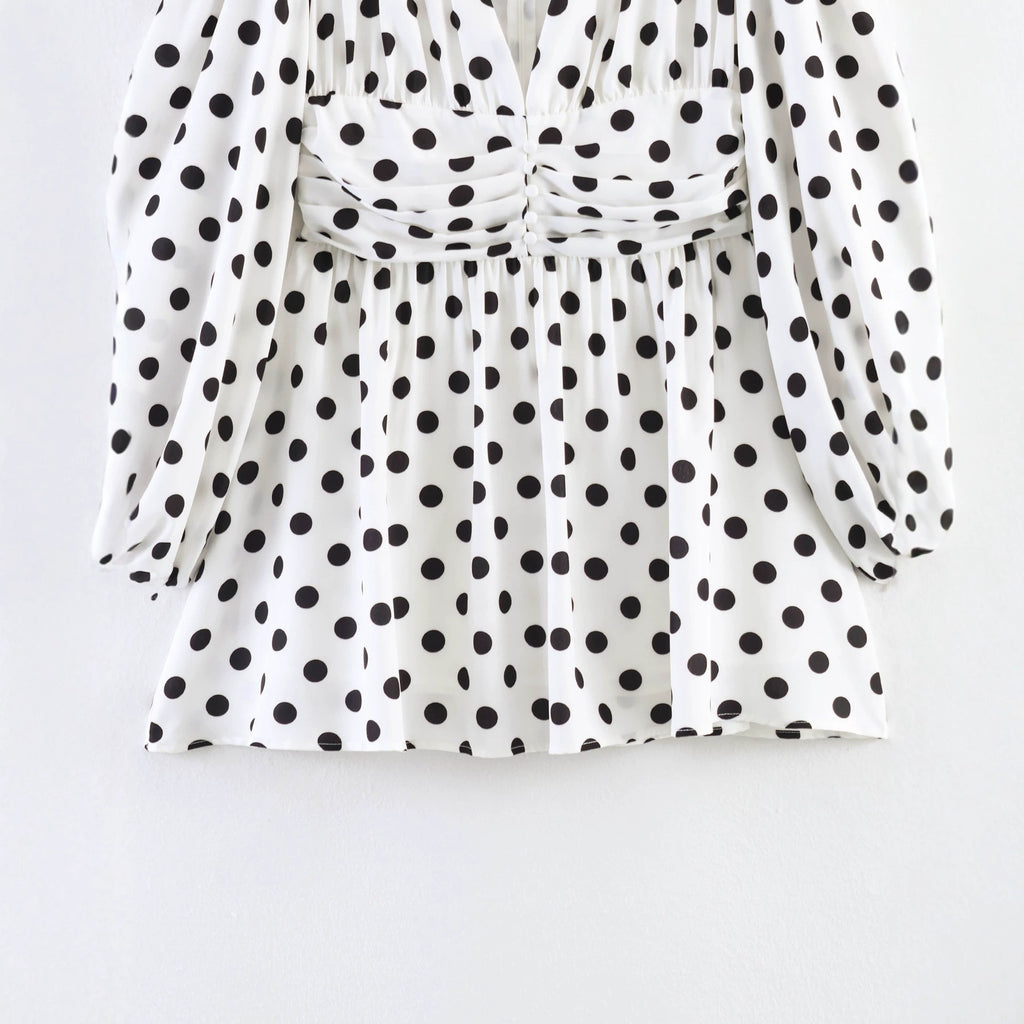 Ladies Polka Dot Blouse with Deep V-Neck, Gathered Waistline and Voluminous Balloon Sleeves Fashion Glam