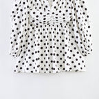 Ladies Polka Dot Blouse with Deep V-Neck, Gathered Waistline and Voluminous Balloon Sleeves Fashion Glam