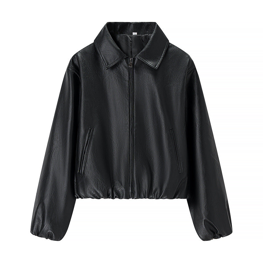 Women's Cropped Faux Leather Blouson with Shirt Collar, Elastic Hem and Zipper Fashion Glam