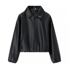 Women's Cropped Faux Leather Blouson with Shirt Collar, Elastic Hem and Zipper Fashion Glam