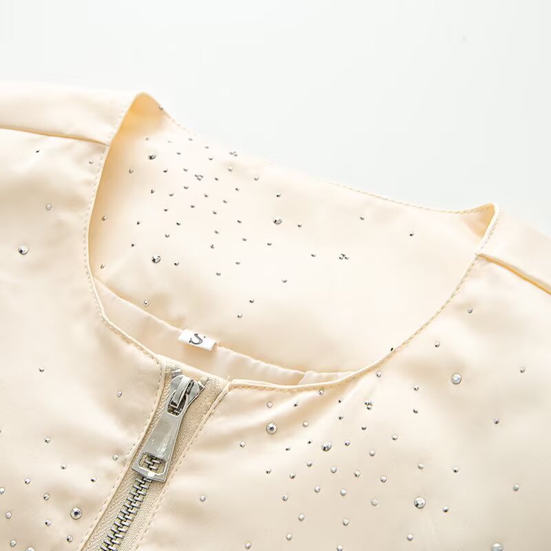 Women's Shiny Bomber Jacket with Decorative Stone Trim and Elastic Hem Fashion Glam