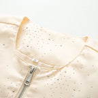 Women's Shiny Bomber Jacket with Decorative Stone Trim and Elastic Hem Fashion Glam