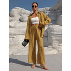 Women's Two-Piece Linen Look Loungewear Set with Oversized Shirt and Wide Comfort Palazzo Fashion Glam