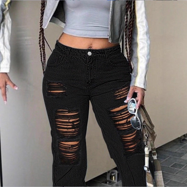 Women's high-cut wide denim jeans with pronounced ripped details and a casual fit Fashion Glam