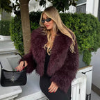 Ladies Short Boxy Plush Jacket in Shaggy Look with Dropped Lapel Fashion Glam