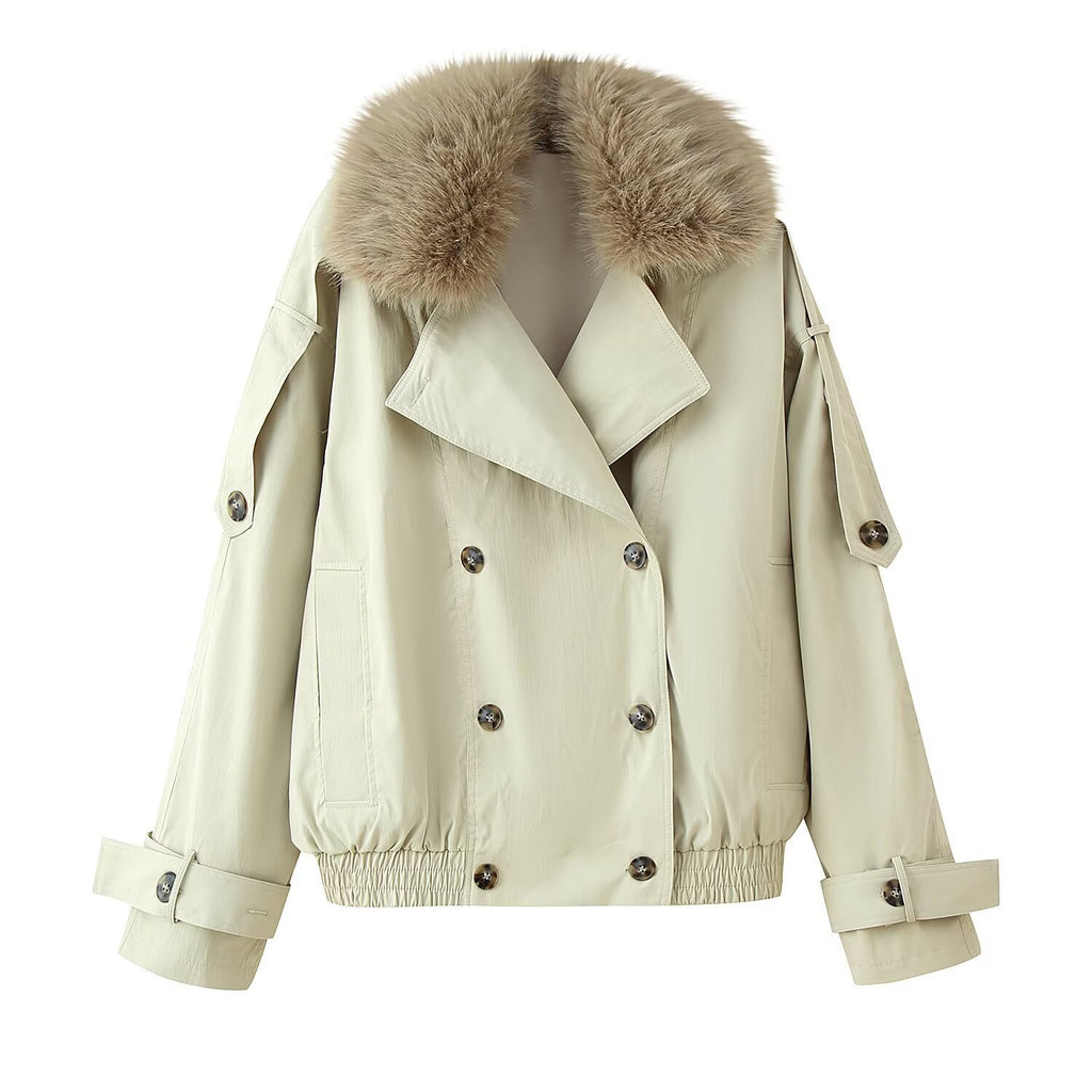Women's double-breasted blouson with removable faux fur collar, waist drawstring and adjustable cuffs Fashion Glam