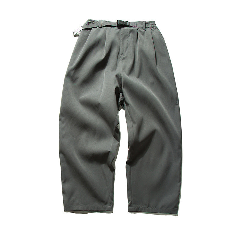 Men's Wide Cut Relaxed Pants with Elastic Waistband, Pleats and Integrated Woven Belt Fashion Glam