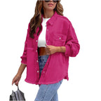 Women's Oversized Denim Utility Jacket with Frayed Edges and Flap Pockets Fashion Glam