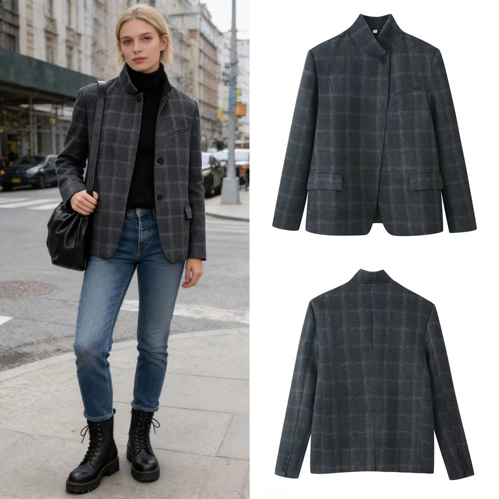 Women's box blazer with stand-up collar, asymmetric single-button placket and fine checked pattern Fashion Glam