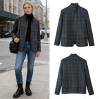 Women's box blazer with stand-up collar, asymmetric single-button placket and fine checked pattern Fashion Glam