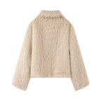 Women Short Faux Fur Cropped Jacket with Voluminous Shawl Collar and Front Zipper Fashion Glam